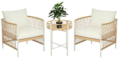 Outsunny Conjunto Jardín Exterior de 3 Piezas, 2 Sillas, Balcón, Crema | Muebles de Jardín, Mesa de Ratán, Cojines Acolchados, Fundas Extraíbles, Marco de Acero, Resistente a la Intemperie