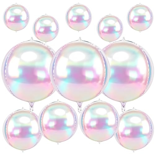 Alaoo 12 stycken Iriserande Luftballonger Vit, Folieballong, Stor 4D Rund Skimmerande Folieballonger Folie Ballonger, Heliumballong för Kvinna Födelsedag Boho Bröllop Konfirmation Förlovning Festival