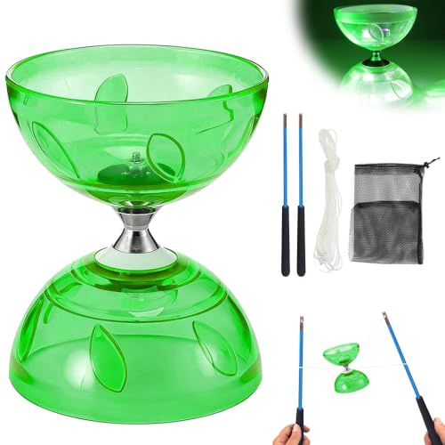 LED Diabolo med kullager, Diabolo frilöpare med kullager, trippelförvaringsset, 4 färger blinkande trippellager med 10 m reservrep, nätpåse och professionell stång för vuxna (grön)