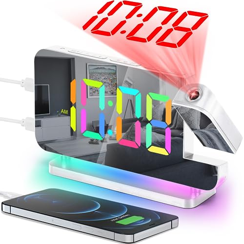SZELAM Projection Alarm Clock,7.4 LED Mirror Digital Clocks Large Display,with 180° Rotatable Projector,RGB Night Light,USB C Port,Auto Dimming,Modern Desk Clock for Bedroom Decor - White