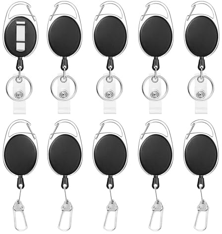 SYEYCW 10 Pcs Black Lanyard Extender, 2 Models Key Chain Badge Card Holders, Retractable Keychain with Keyring, Retractable Badge Reel Clips with Carabiner Belt Clip, for ID Card, Key Ring