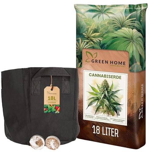 Green Home Cannabis Anbau Set | 1 x Pflanzsack, 18L Cannabis Erde + 2 Quelltöpfen | Perfekt für Cannabis, Tomaten, Kräuter | Atmungsaktiv & Wiederverwendbar f. optimale Wachstumsbedingungen