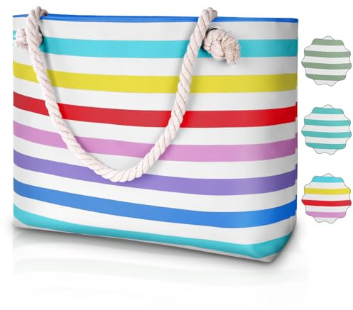 URAQT Beach Bag, Large Summer Beach Tote Bags with Zipper and Rope Handle, Women's Holiday Family Travel Bag,Canvas Shopping Bag,Shoulder Bag,Suitable for Gym Pool Beach Picnic