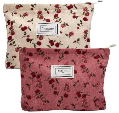 2 Pezzi Pochette Donna Trucchi, Trousse da Viaggio, Pochette Trucco, Bustina Portatutto Donna, Borsa Cosmetica in Velluto a Coste, Borsa per Trucco con Cerniera, Borsa per Il Trucco Floreale
