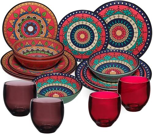Vaisselle en mélamine Toscane Deep pour 4 personnes – 16 pièces rouge/vert – Aspect mandala avec verres de couleur assortie 400 ml Accessoires de camping caravane Camping Festival pique-nique Garden