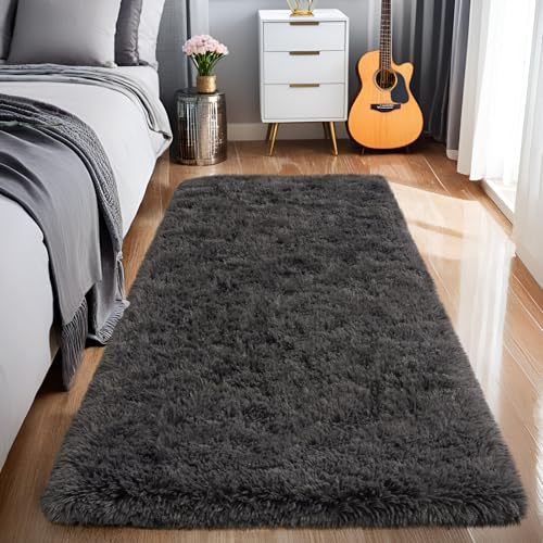 BSGIFT Hochflor Teppich 80x150 Anthrazit Flauschig, Shaggy Langflor Teppich Läufer rutschfest für Schlafzimmer Bettvorleger Wohnzimmer, Modern Kuschelteppich High-Pile Carpet Wohnzimmerteppich