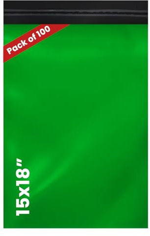 LIVERPOOL ENTERPRISES LTD 100 Pcs Green Parcel Bags – Tamper-Proof Self-Seal Mailing & Postage Bag for Shipping, Packaging & Delivery - Size 15x18 Inches