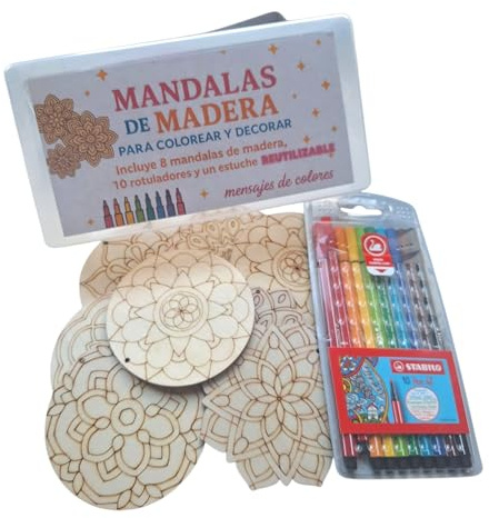 Kit de mandalas en bois à colorier – Comprend 8 feutres et une boîte réutilisable résistante – Bricolage pour enfants et adultes, cadeau créatif anti-stress
