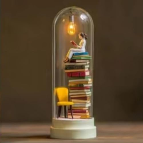 Reader Night Light, Miniature Book Lover Lamp Sculpture with Mini Books and LED Light, Mini Reading Figurine Tiny Bookshelf Library Statue, Gift for Family, Friends,Author,Colleagues