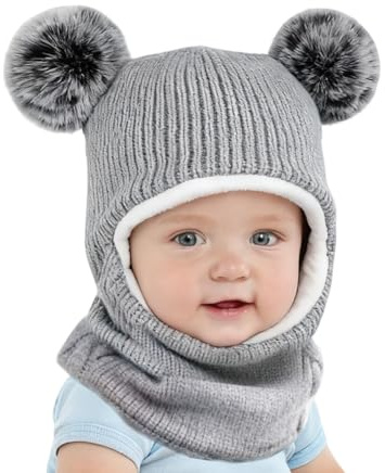 MOERAE Vintermössa för barn, babymössa för flickor, med öronlappar och halsvärmare, slip-mössa barn, unisex, för pojkar och flickor (grå)