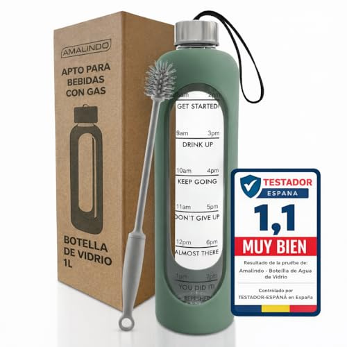Amalindo Botella de vidrio 1L – apta para gaseosas – con cepillo y funda de silicona – Verde oliva