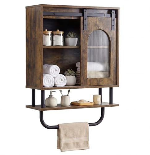 COSTWAY Bathroom Wall Cabinet, Wooden Over-The-Toilet Storage Cupboard with Sliding Barn Door, Shelves and Towel Bar, Bathroom Unit Wall Mounted Medicine Cabinet for Living Room Kitchen (Rustic Brown)