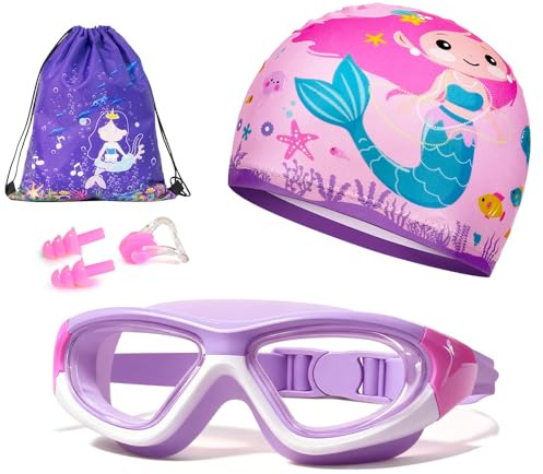 dididudi Swimming Goggles Kit, Ear Plugs & Nose Clip, Drawstring Storage Bag, Anti Fog Waterproof Children Swim Goggles Kit,5 in 1 Children'S Swimming Accessories for Pool Beach Swimming Training