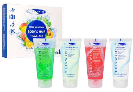 TRISWIM - Premium Conjunto de Viaje Después de Nadar, Eliminación de Cloro, Champú Anticloro, Gel de Baño, Acondicionador Hidratante Pelo, Loción Corporal Regeneradora para Nadadores - 4x90ml