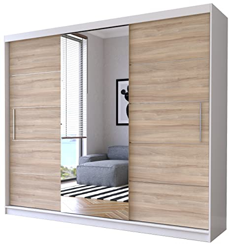 Fabryka Mebli Idźczak Kleiderschrank mit Spiegel, Schiebetüren - Weiß/Sonoma Schwebetürenschrank, Schlafzimmerschrank - ‎61 x 250 x 218 cm - Schrank für Schlafzimmer, Wohnzimmer, Garderobe