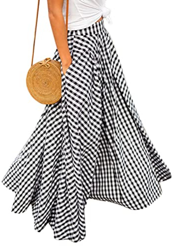 ORANDESIGNE Donna Gonna a Quadri con Tasche Elegante a Vita Alta a Pieghe da Spiaggia Primavera Estate Maxi