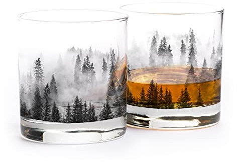 Black Lantern Whiskey Glasses Set of 2 – 11oz Heavy Base Old Fashioned Rocks Glass – Screen Printed Design with Gift Box (Forest & Clouds)