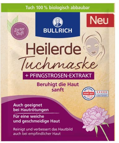 Bullrich Heilerde Tuchmaske + Pfingstrosen-Extrakt | Beruhigt die Haut sanft | Auch geeignet bei Hautrötungen | Mit zartem Duft | vegan | 1 Tuchmaske