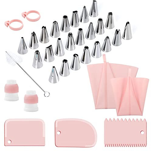 Joyeee Poche a Douille Patisserie, 34pcs Poche à Douille Professionnelle Réutilisable en Silicone Ustensiles à Patisserie Accessoire avec Spatule Patisserie, pour Gâteaux Puff Cookie Cupcake