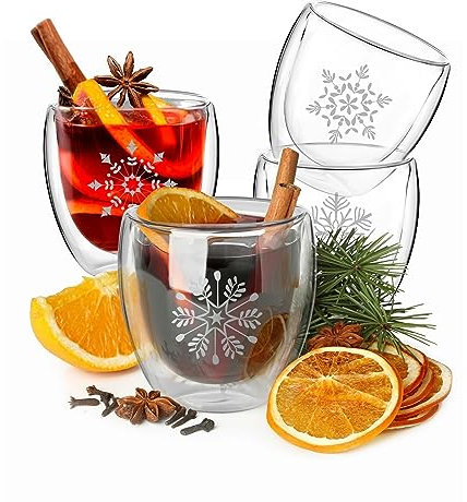 Wrenbury Lot de 4 verres à vin chaud 220 ml – Motif flocon de neige – Boroscilicate festif à double paroi – Isolé pour boissons chaudes