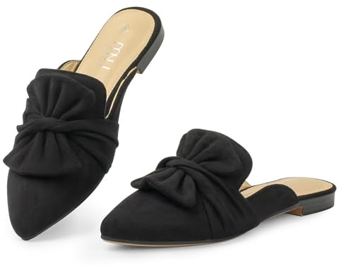 MUSSHOE Suede Bowknot Mules for Women: Comfortable Lightweight Pointed Toe Slip On Flats - Non-Slip Dressy Backless Loafers for Office Business & Everyday Wear, Black Suede 9