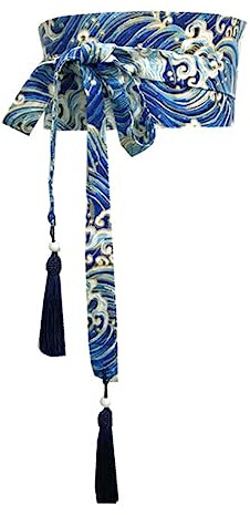 Cintura tradizionale giapponese per kimono da donna Cintura con cordoncino a corsetto Motivo onda blu Cintura larga Yukata Gru Haori Obi Cinture asiatiche in vita