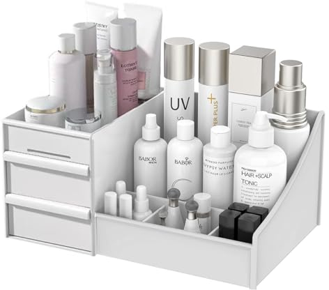 Makeup Organizer mit Schublade, Kosmetikaufbewahrung Vitrine für Eitelkeit Bad, Schreibtisch Countertop Kunststoff Kosmetik Halter Box Schönheit Organisation für Hautpflege Lippenstift Schmuck, weiß