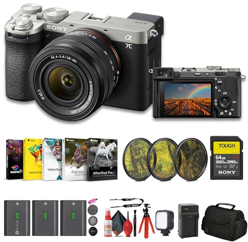 Sony Alpha 7C II Mirrorless Full-Frame Interchangeable Lens Camera - Silver with 28-60mm Lens (ILCE-7CM2L/S) + 64GB SF-G Tough Card + Filter Kit + Bag + 2 x NPFZ100 Compatible Battery + More (Renewed)