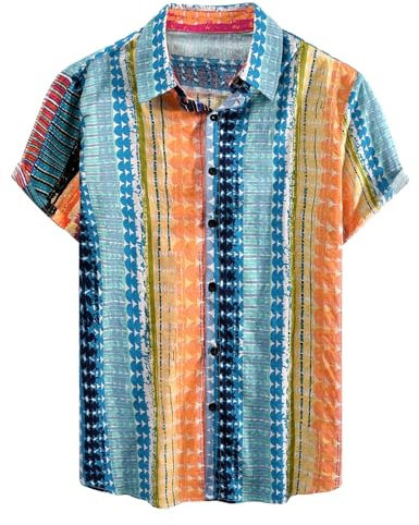 Voqeen Camisas Hawaianas para Hombre, Camisa de Algodón de Manga Corta con Botón Camisetas Informales de Verano con Flores Florales de Aloha para Vacaciones en La Playa Corte Regular