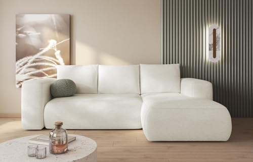 Easy4You Lambi Cream Corner Sofa L-Shape Right 266 x 89 x 164 cm with Sleep Function and Storage Space - Sofa Bed with Bed Box - Modern Living Room Furniture - Fabric: Boucle 01