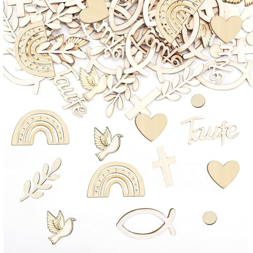 KASESSS 160 Pièces Decoration Table Bapteme en Bois, Décoration de Table Communion Baptême, 8 Styles, Décoration de Table de Baptême pour Garçons et Filles Confettis Bapteme DIY Bricolage