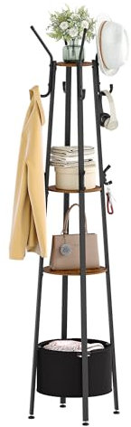 Hzuaneri Garderobenständer, Kleiderständer mit Großer Aufbewahrungskorb, Garderobe mit 3Ablagen&16Haken für Schals, Taschen, Hüte, für Eingangsbereich, Wohnzimmer, Schlafzimmer, Braun und Schwarz