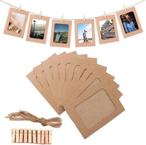 Cornice Portafoto In Carta Kraft, 10 Pezzi Cornice Di Carta Per Foto Diy, Con 10 Clip In Legno E 1 Corda De Appendere, 11,5 X 15,5cm, Per Foto DIY, Matrimonio E Feste, Hanging Decorazione (Marrone)