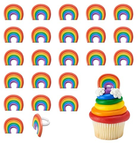 DecoPac Rainbow Cupcake Toppers, 24 Multi-Color Cake Decorations, Food Safe Cupcake Rings - 24 Pack