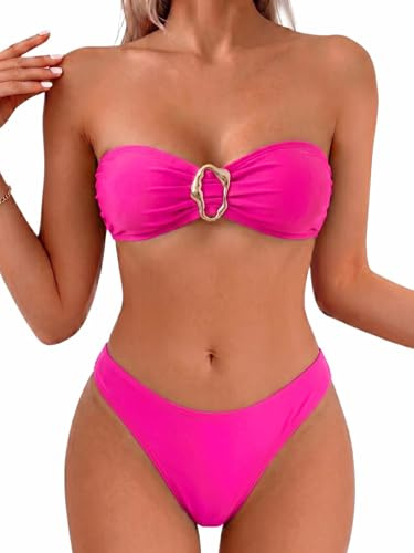 Fanuerg Women's Strapless Bandeau Bikini Sets Ring Tie Back Two Piece Swimsuit High Cut Cheeky Bathing Suits Hot Pink M