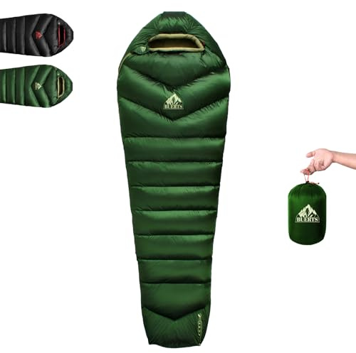 BUERTS Saco de Dormir de plumón, Ultraligero y cálido. Apto para Adultos Durante Las Tres Estaciones. Saco de Dormir Compacto, Ideal para Senderismo, Excursionismo y Camping.