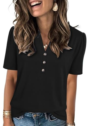 Famulily Womens Tunic Tops Subtle Puff Sleeve Notched V-Neck Blouse Ladies Work Wear Office Black L