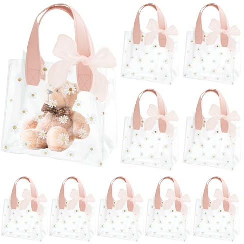 10 stycken presentpåsar små med band, 18 x 20 x 10 cm återanvändbar PVC transparent påse, presentfolie blomma transparent för presentförpackning bröllop födelsedag butik (rosa)
