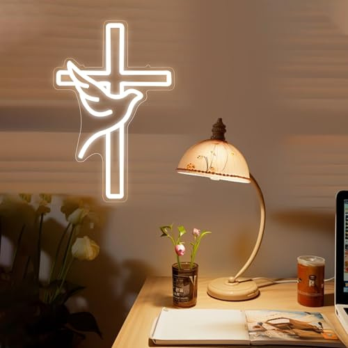 DAKABUKA Croix Néon pour Décoration Murale Colombe de la Paix Lumière LED variable LED-Croix de Pâques Lumineuse pour Chambre à Coucher Maison Salle Festival Décoration de Mariage