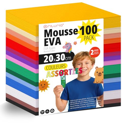 OFITURIA Pack 100 Hojas Goma Eva, Colores Surtidos, Tamaño 20x30cm, 15 Colores Diferentes Ideales para Proyectos Creativos, Manualidades, Uso Escolar, Profesional o Artístico (Sin Purpurina)