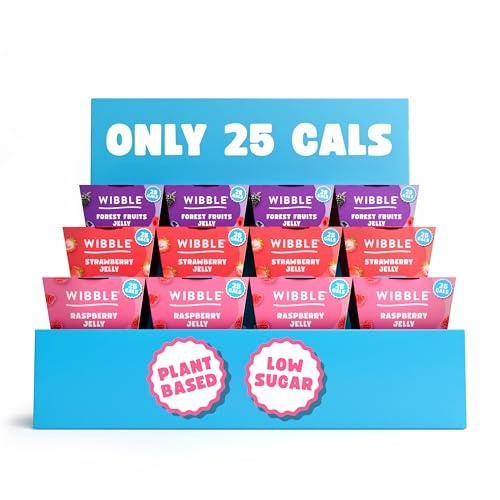 Wibble Jelly Pots, Mixed,12 Pack, Plant Based, 25 Cals, Low Calorie, Low Sugar, Vegan, Vegetarian, Jello, Strawberry, Raspberry, Forest Fruits