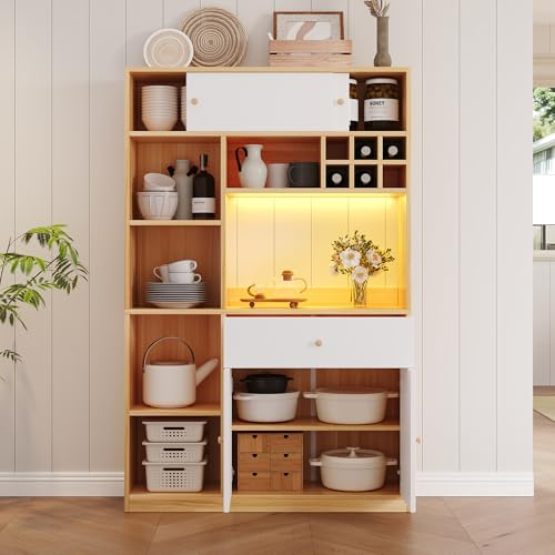 Buffet Cuisine Meuble, Bar à Café et à Thé, Vaisselier avec Étagere Réglable 1 Tiroir 3 Portes, Grand Espace, Armoire Haute pour le Micro-ondes, les Couverts, Blanc et Bois Naturel, L115×P35×H180cm