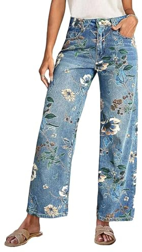 Breda jeans dam, raka byxor med blommönster jeans hög midja bekväma raka ben pojkvän fritidsbyxor eleganta raka ben säckig breda Y2K byxor vida ben damjeans