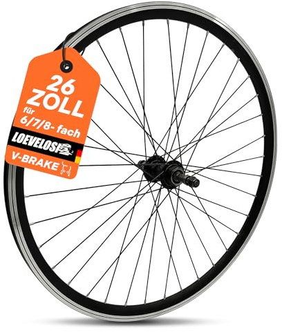 MTB Hinterrad Laufrad 26 Zoll – 6/7/8-fach Schraubkranz – 135 mm Vollachse – V-Brake Felgenbremse – Alu Hohlkammer Felge – 36 Speichen – Schwarz – Fahrrad Laufrad hinten für Mountainbike