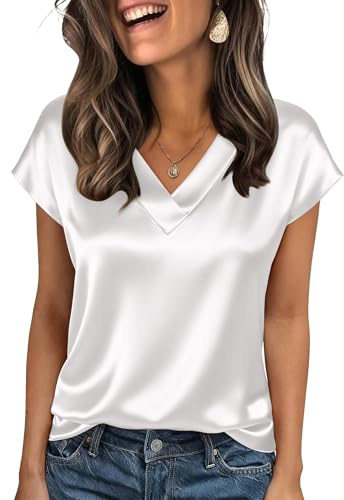 Zeagoo Blusa satén Mujer Manga Corta Cuello en V Seda Tops Elegantes Camisa | Negocios Blusa de Seda| de Verano Silk Blouse| Tshirt| S-XXL