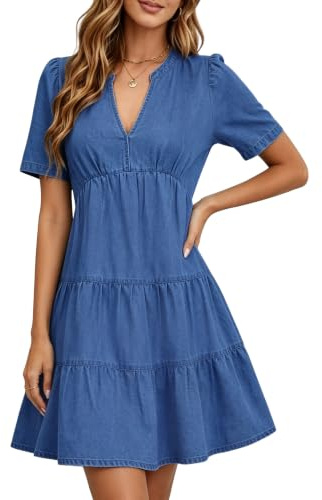 Fengbay Denim Dresses for Women V Neck Short Sleeve Jean Shirt Dress | Soft Stretch Light Denim Fabric;Tiered Ruffle Babydoll Loose Fit;Hidden Side Pockets;All Summer Occasion Casual Dress