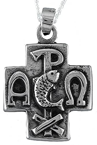 Alylosilver Collar Colgante Cruz Crismón de Plata con Terminación Envejecida para Hombre y para Mujer, Incluye Cadena de Plata de 45 cm y Estuche para Regalo