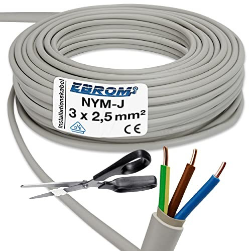 Ebrom NYM-J 3 x 2.5 mm² grey sheathed electrical cable sold by the metre (e.g. 5 m, 10 m, 15 m, 18 m, 20 m, 25 m, 50 m, etc.)
