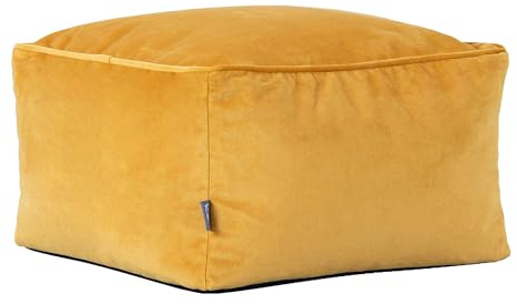 icon Amara Velvet Bean Bag Footstool, Ochre Yellow, Pouffe Footstool with Filling Included, Footrest, Bedroom, Living Room, Living Room Furniture