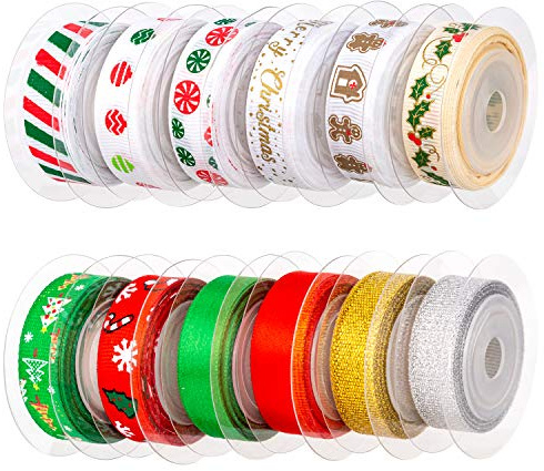 AIEX 12 Pièces Ruban de Noël - Ensemble Ruban Cadeau Noël Adapté à l'emballage du Cadeau, la Couture, la Bande pour Les Cheveux, Le Mariage, Le Bricolage - 4,57mx10mm, 12Couleurs